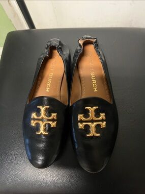 Tory Burch Black Leather Flats with Gold Logo Medallions